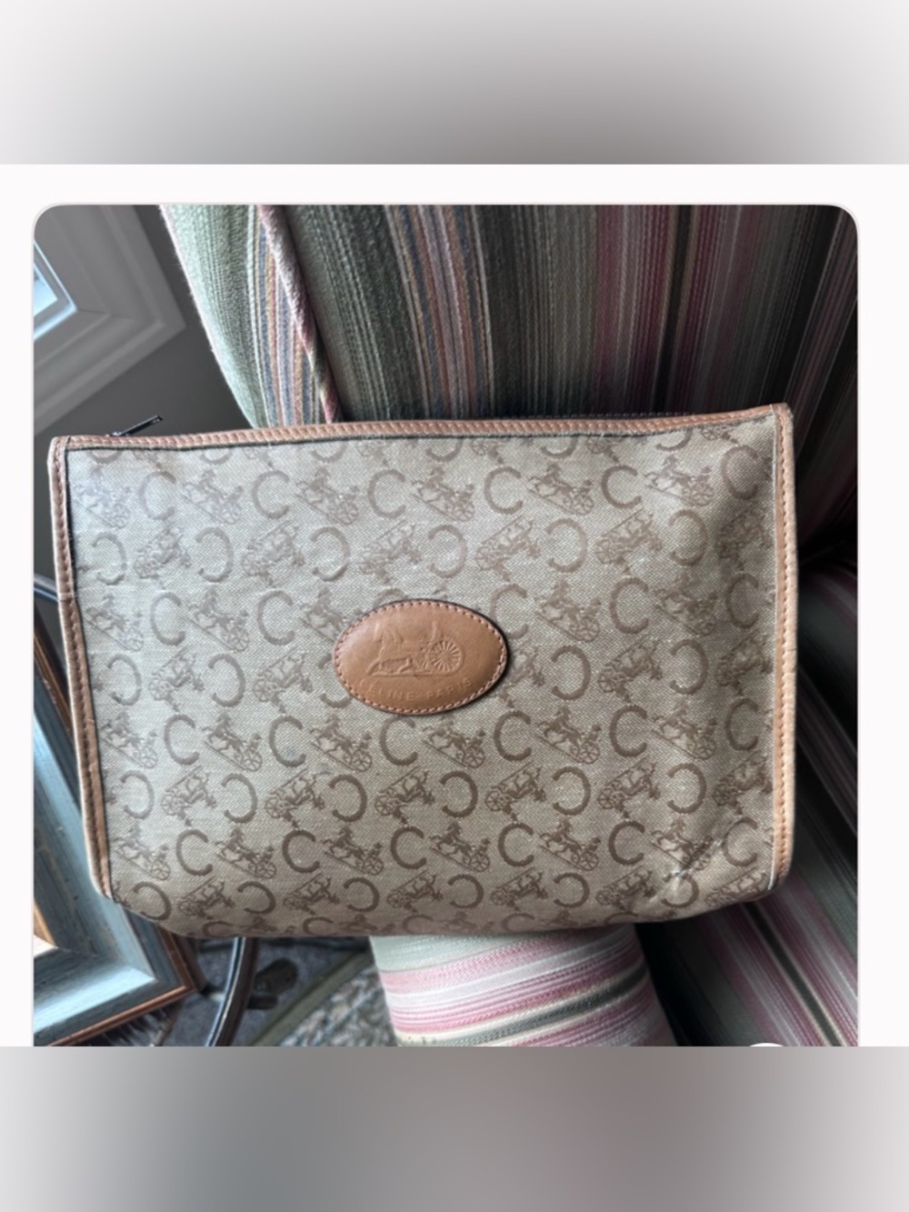 Coach Beige Signature Horse and Carriage Cosmetic Pouch with Tan Trim